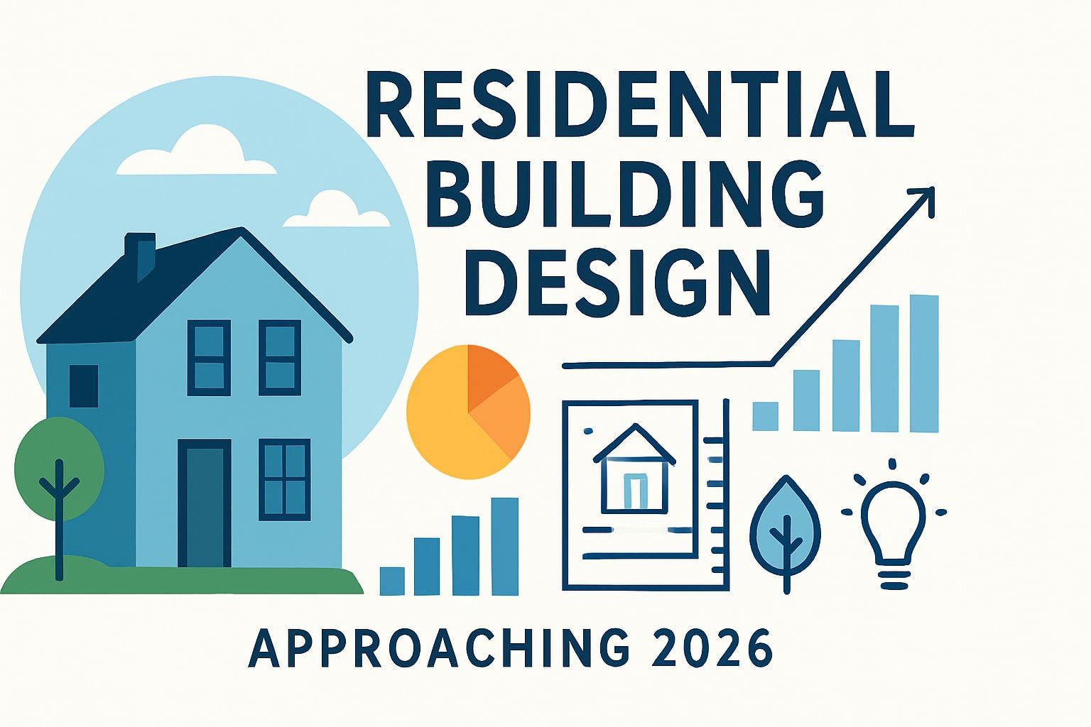 Residential building design illustration showing home, charts, and growth trends highlighting modern