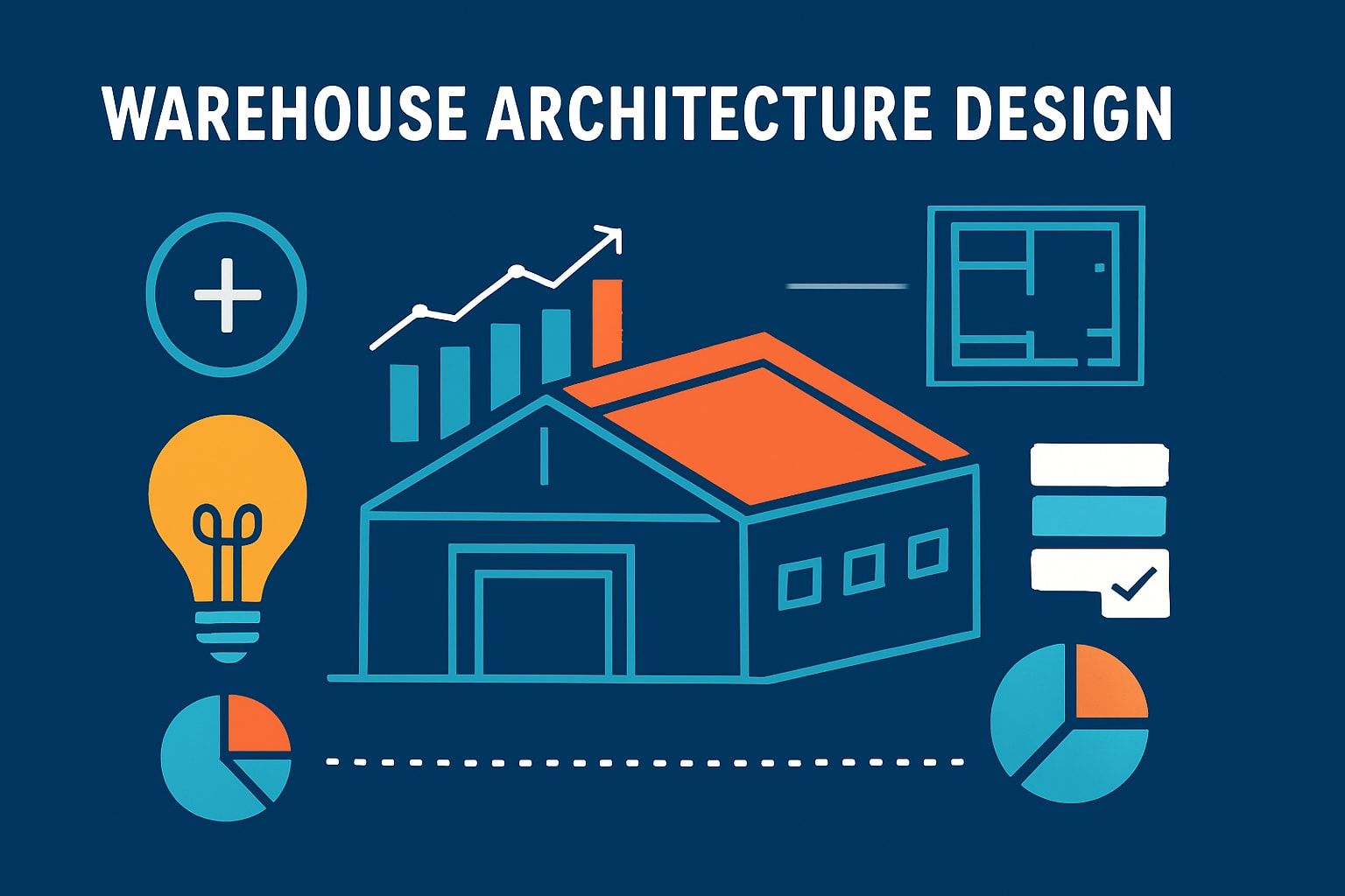 Warehouse architecture design illustration showing a modern industrial building with planning icons