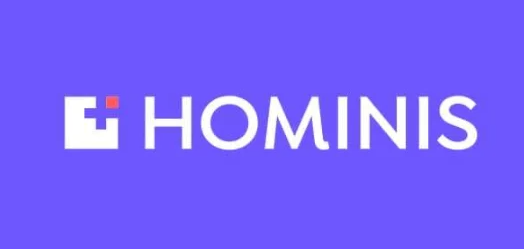 Logotipo de HOMINIS con un cuadrado blanco y una cruz roja sobre fondo morado.
