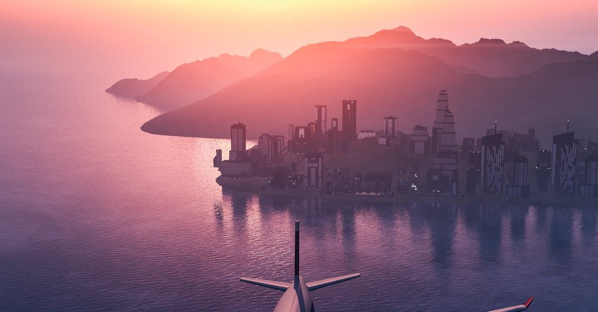 Airplane flying over a city skyline at sunset; orange and purple hues.
