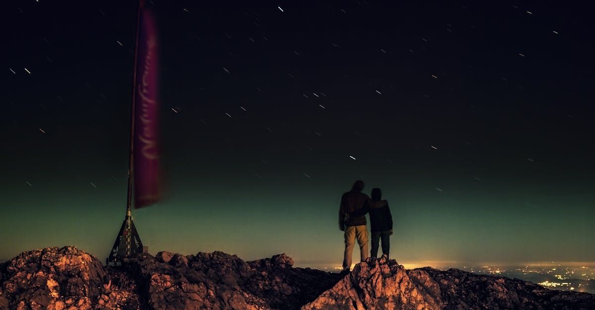 Two figures stand on a mountain peak, silhouetted against a starry night sky, near a purple flag.