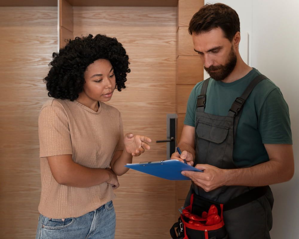 A woman in beige and a man in overalls review paperwork in a wood-paneled room, both appearing focused and engaged.