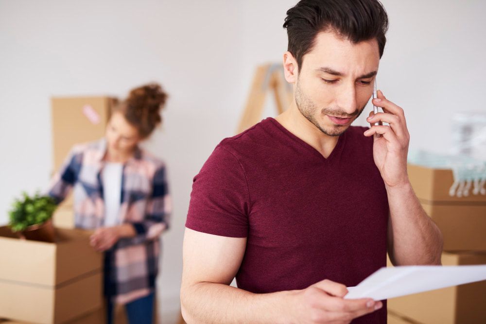 A concerned man in a maroon shirt talks on the phone while reading a document; a woman packs boxes in the background.