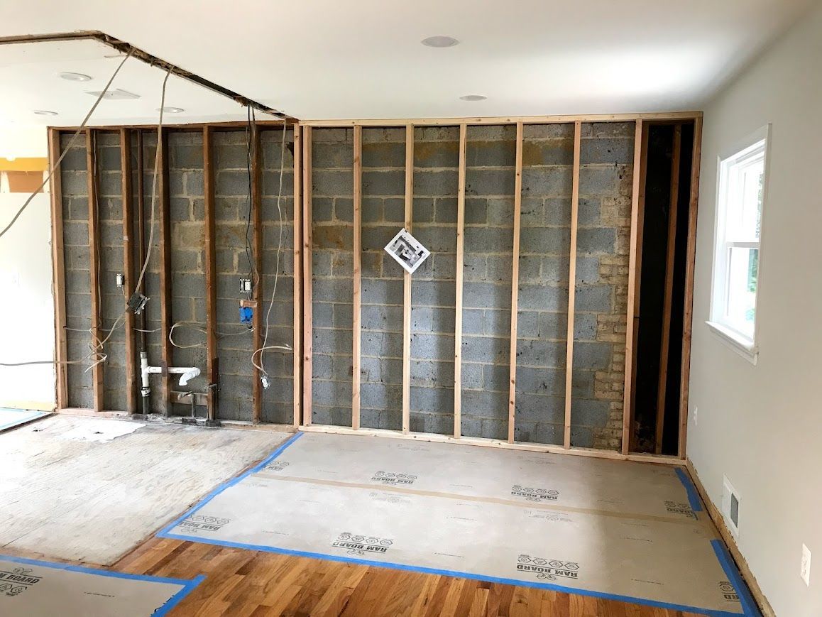 Interior view of a room under construction.