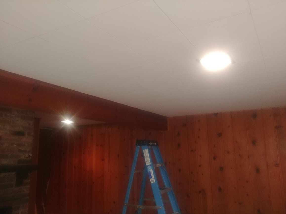 Interior room with wood paneling, white ceiling, and a blue ladder. Two lights illuminate the space.