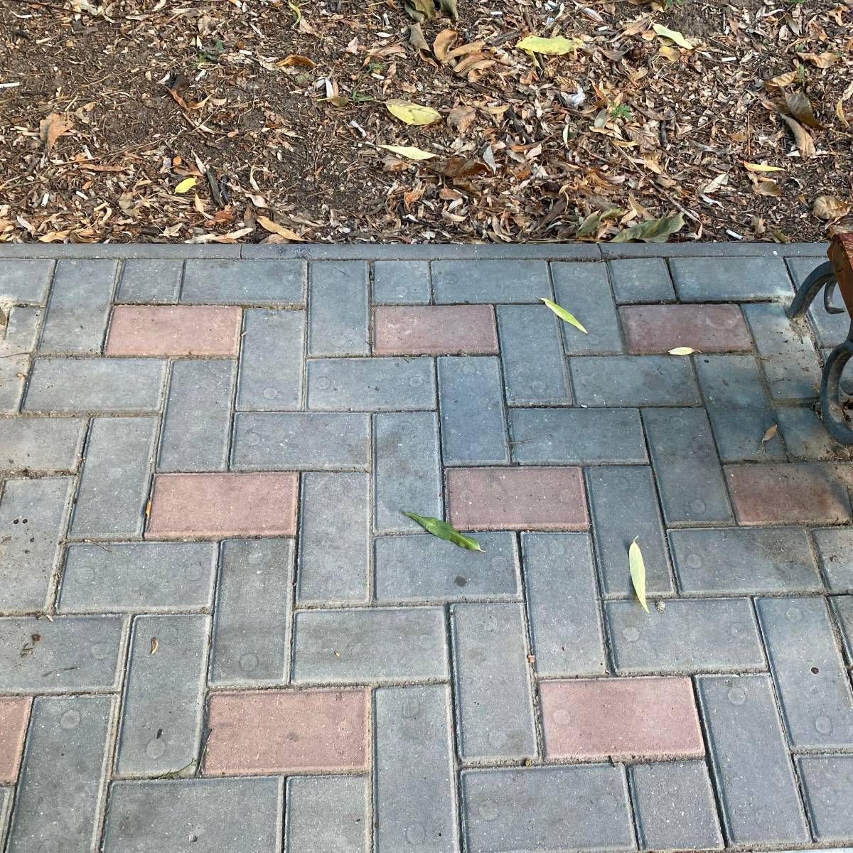 Brick walkway with alternating gray and red-brown rectangular pavers, beside a mulch bed with fallen leaves.