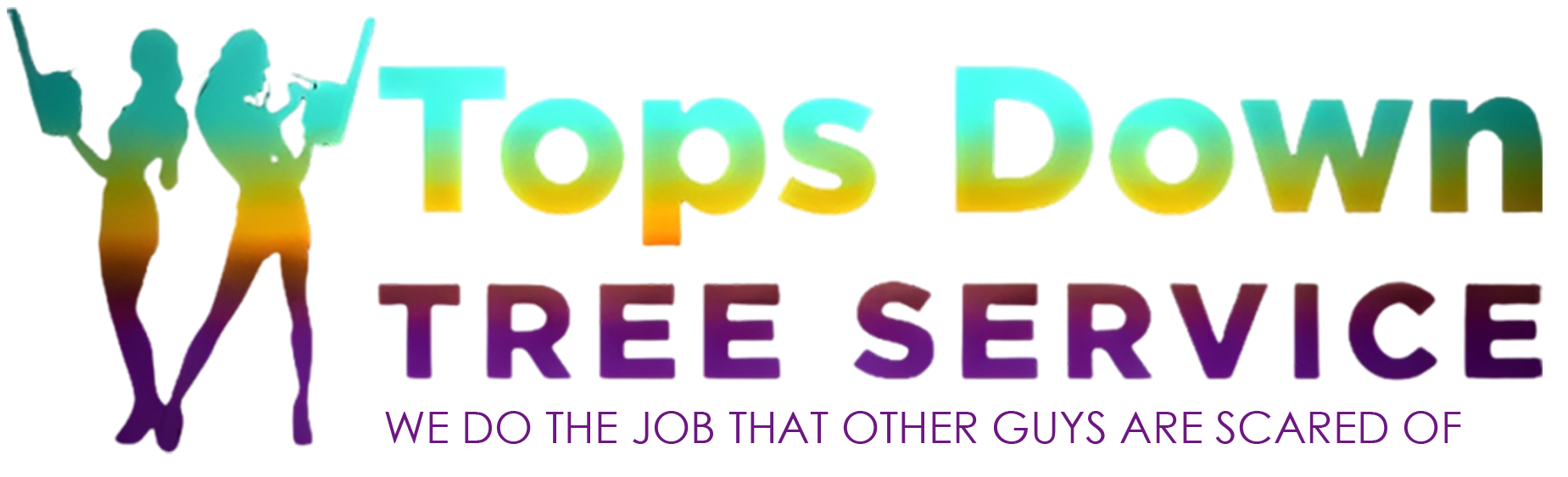 A logo for tops down tree service with a silhouette of two people