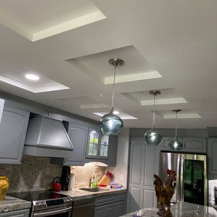 A kitchen with gray cabinets and stainless steel appliances and a rooster on the counter.