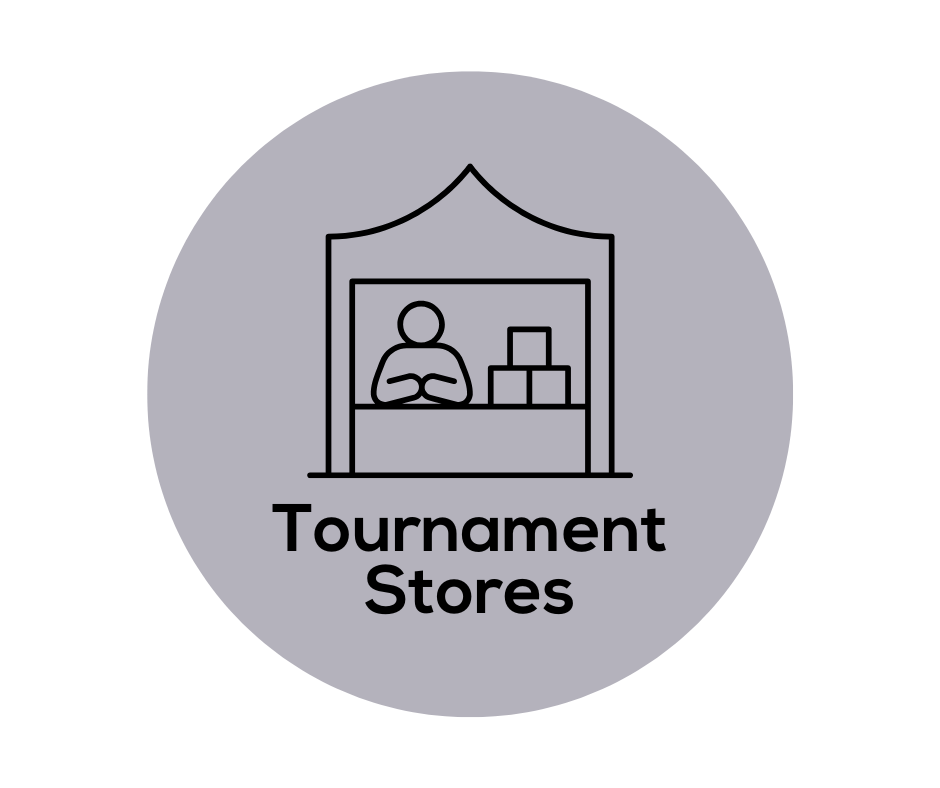 A logo for a tournament store with a man sitting at a table.