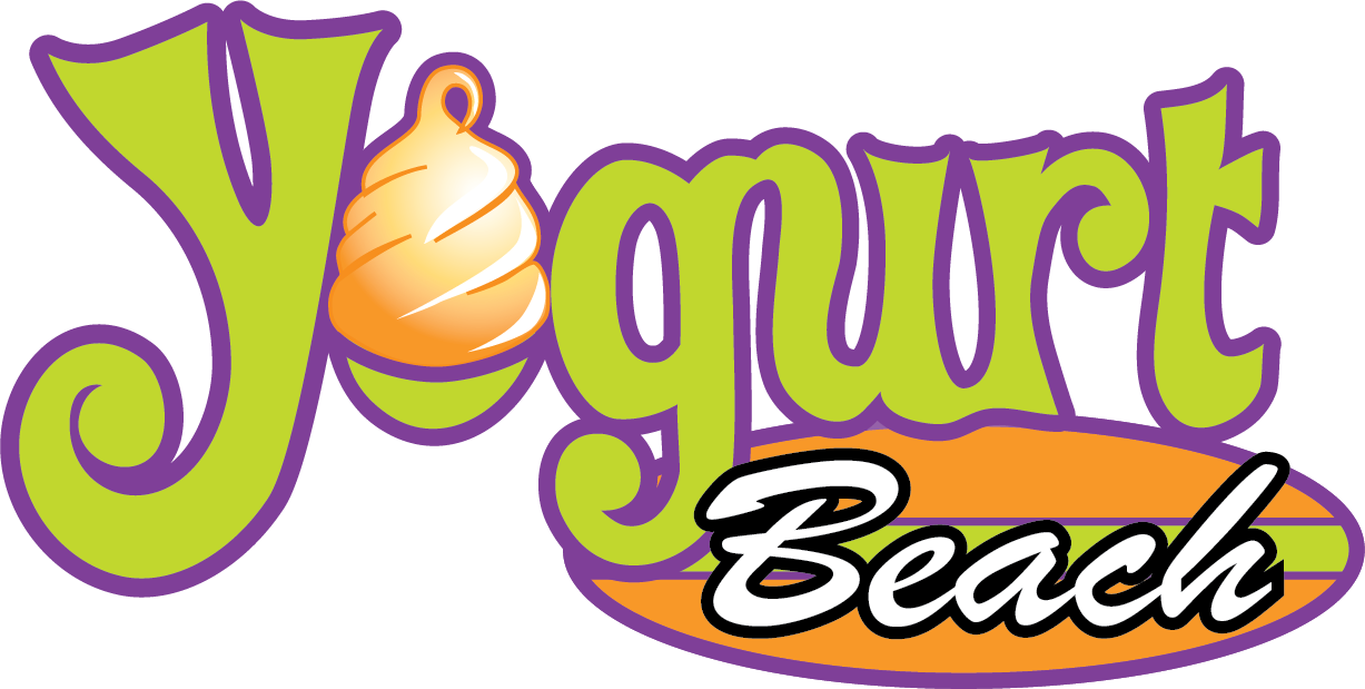 The logo for yogurt beach has a yogurt cone on it.