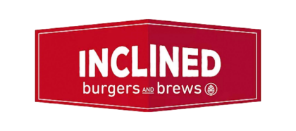 The logo for inclined burgers and brews is red and white.
