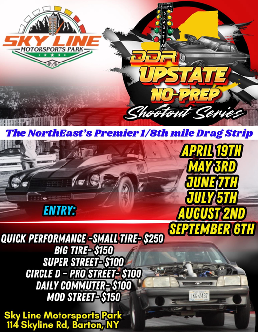 A poster for a car upstate no prep shootout series