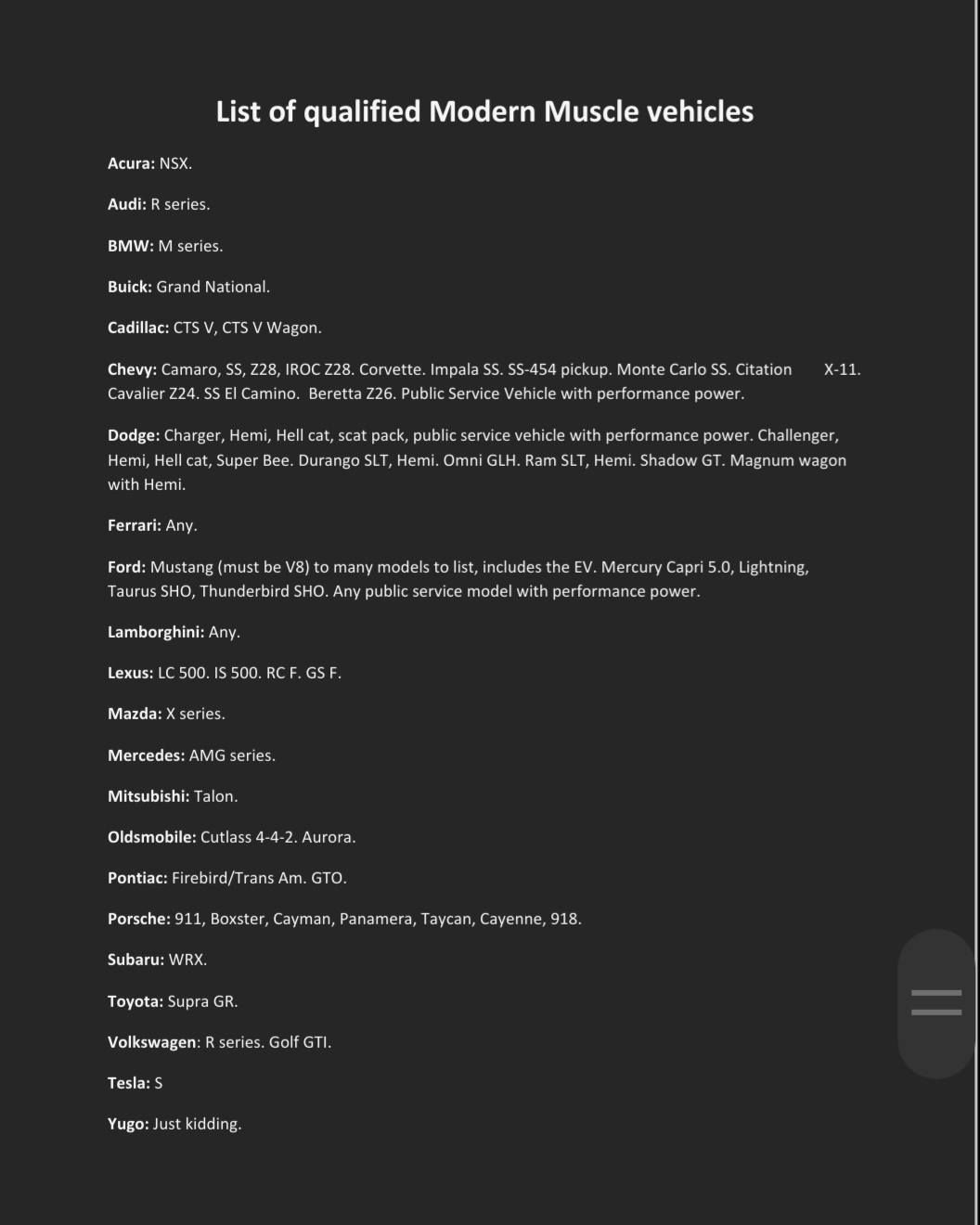 A list of qualified modern muscle vehicles on a black background
