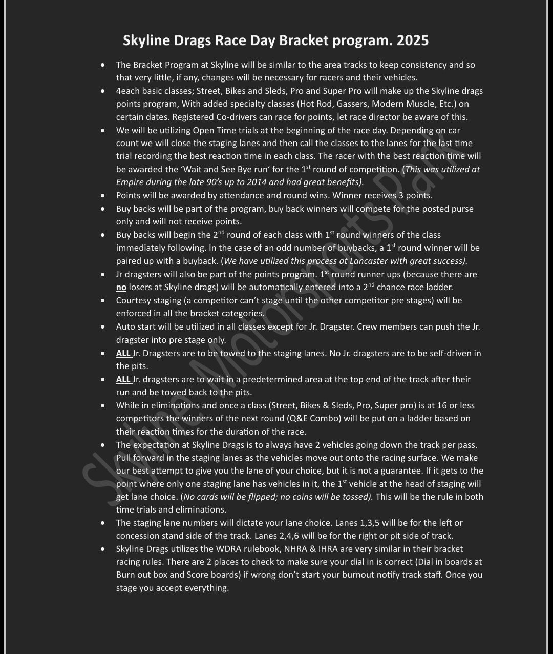 A black and white page with the words skyline drag race day bracket program on it