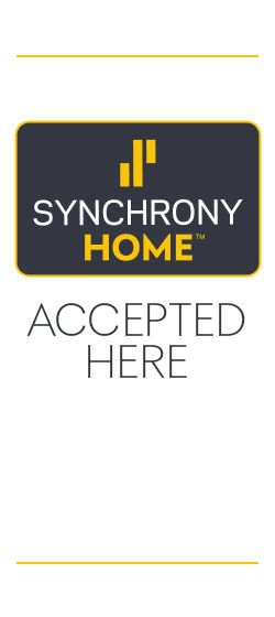 Synchrony Home credit card accepted here logo. Dark gray background with yellow text and logo.