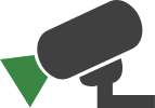 Security camera icon, dark gray with a green lens.