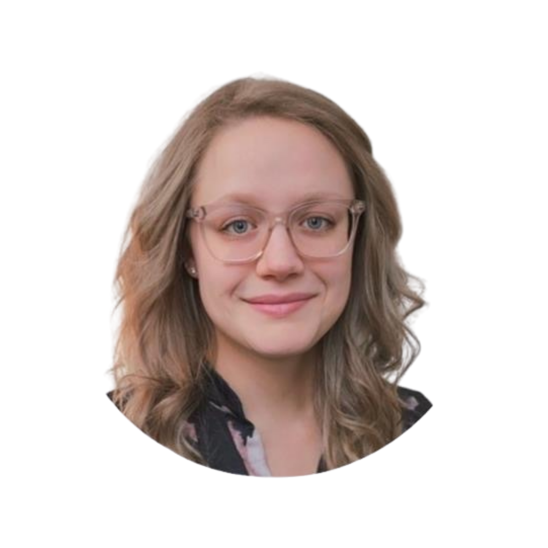 A woman wearing glasses and a black shirt is smiling