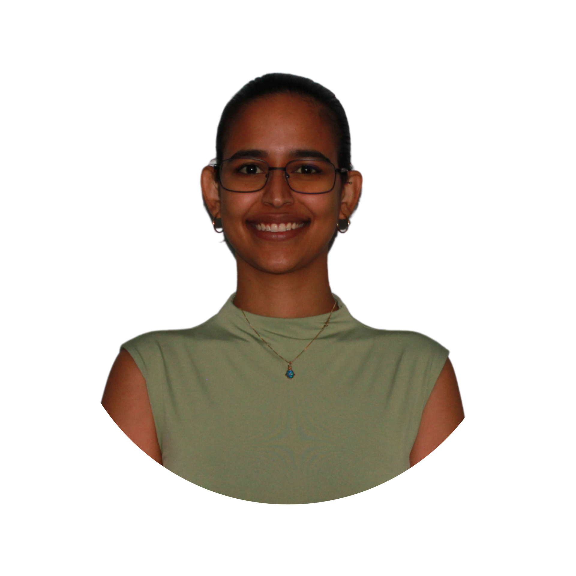 A woman wearing glasses and a black shirt is smiling