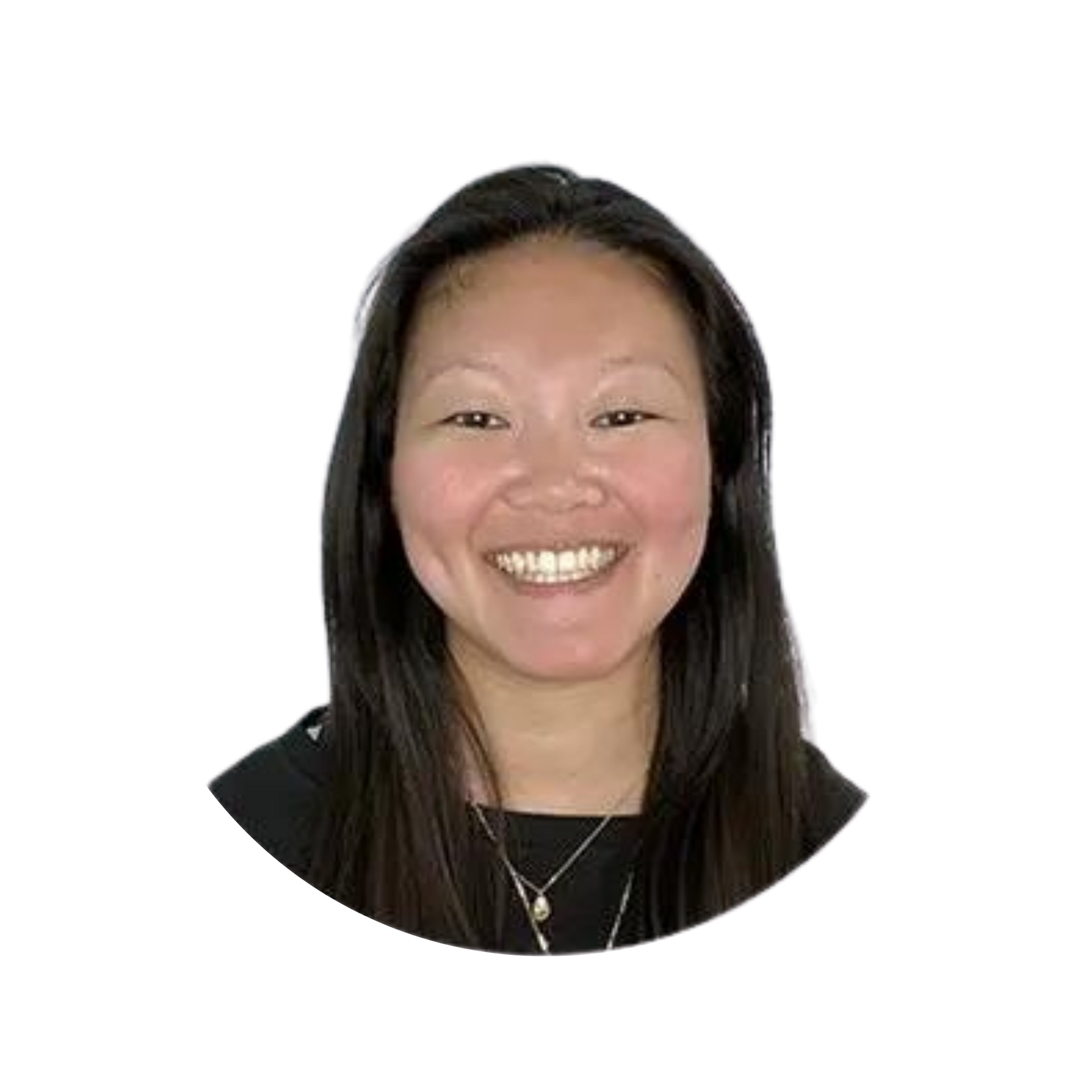 A woman wearing glasses and a black shirt is smiling