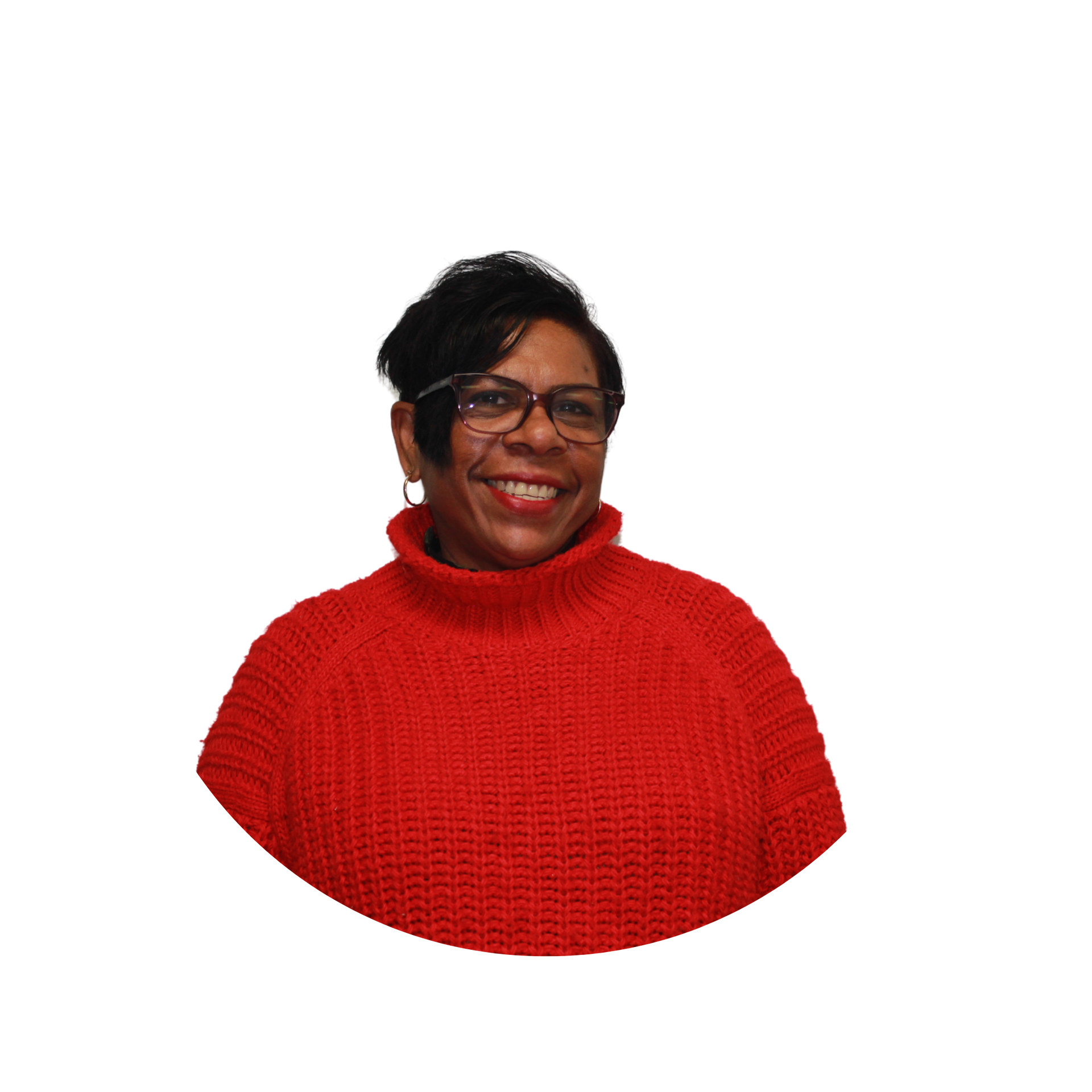 A woman wearing glasses and a black shirt is smiling