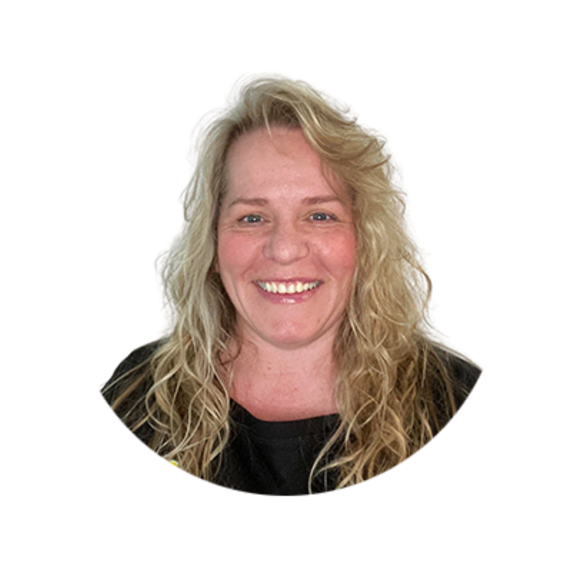 A woman with long blonde hair is smiling in a circle.