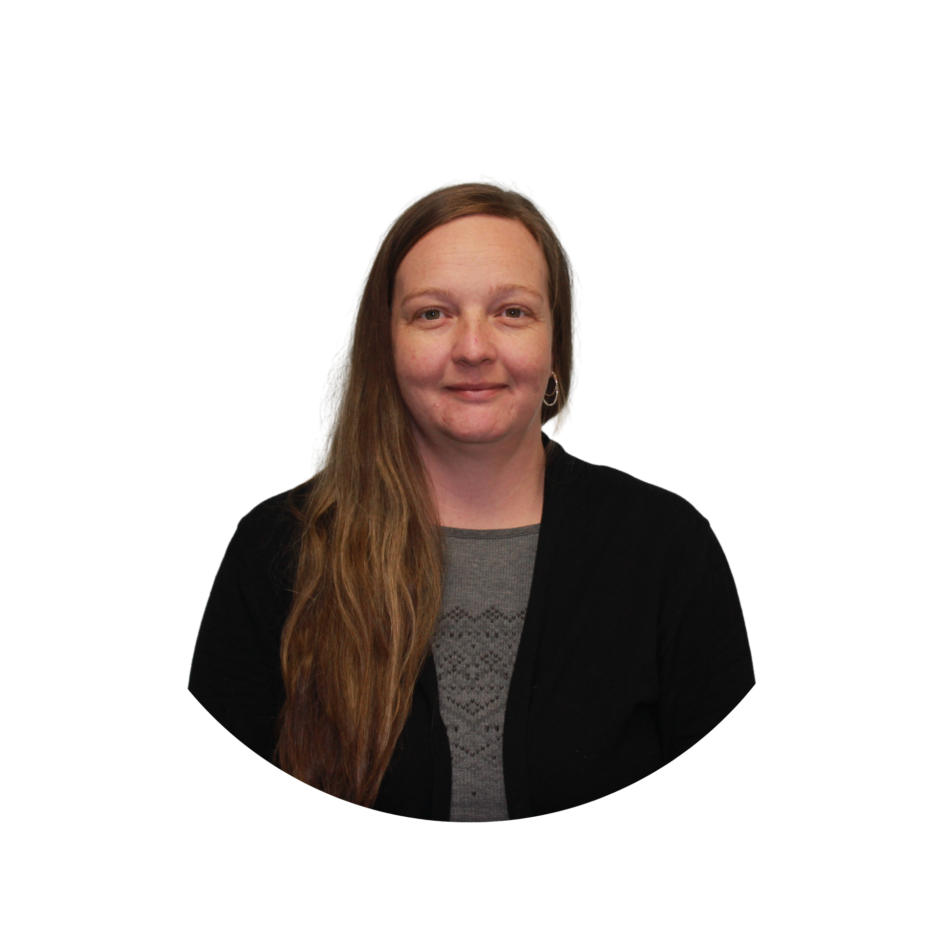 A woman wearing glasses and a black shirt is smiling