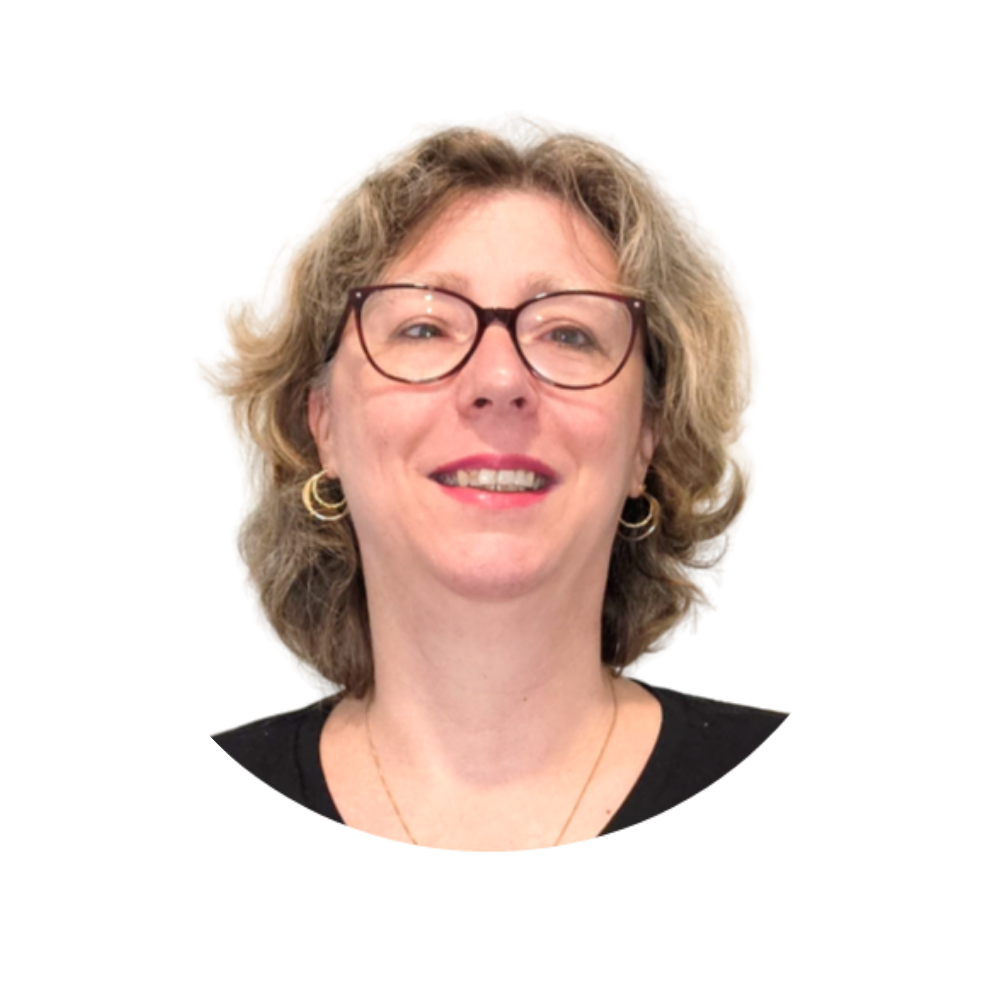 A woman wearing glasses and a black shirt is smiling in a circle.