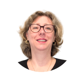 A woman wearing glasses and a black shirt is smiling in a circle.