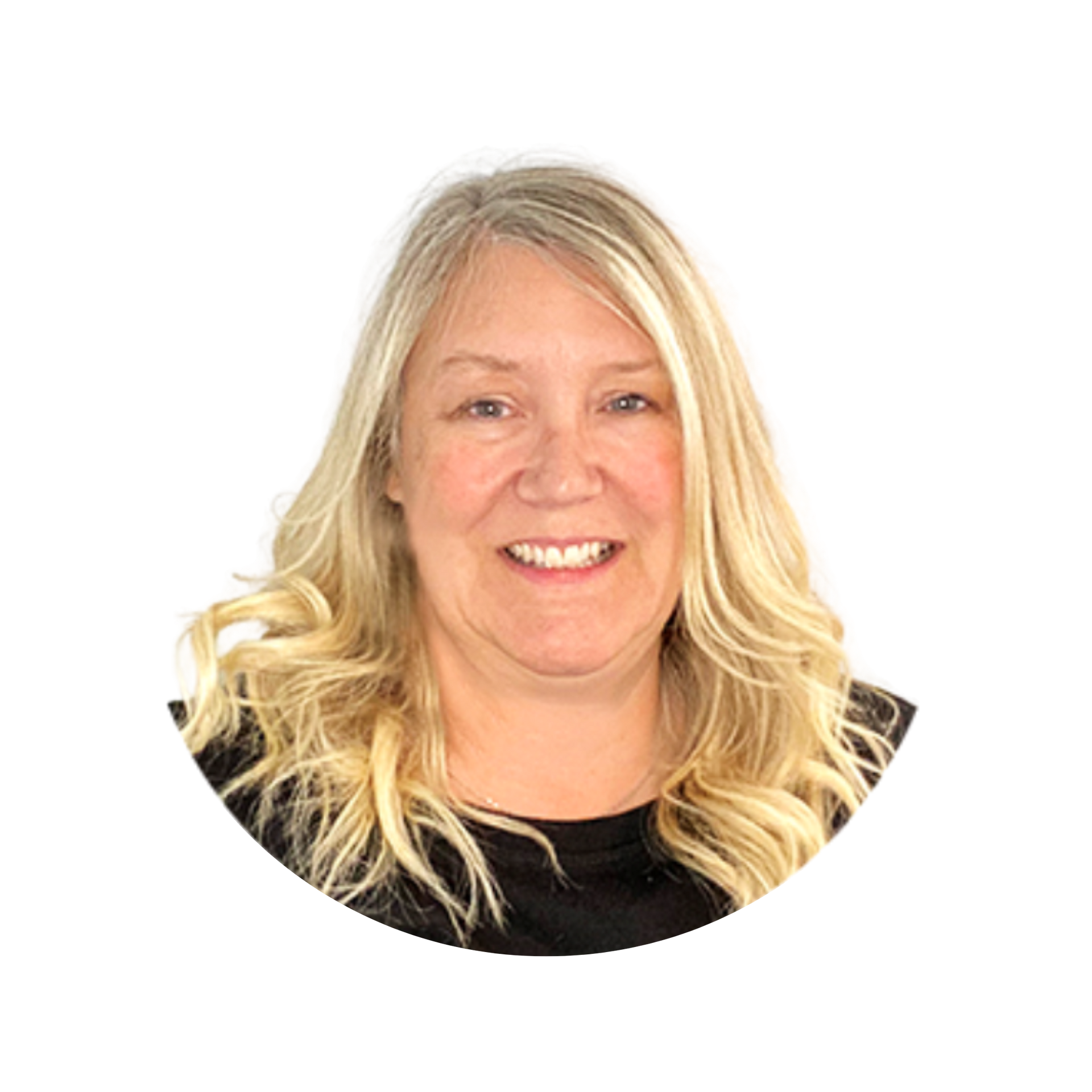 A woman with blonde hair is smiling in a circle.