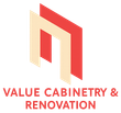 Logo for Value Cabinetry & Renovation, featuring two stacked shapes in red and beige, and company name below in red text.