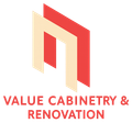 Logo for Value Cabinetry & Renovation, featuring two stacked shapes in red and beige, and company name below in red text.