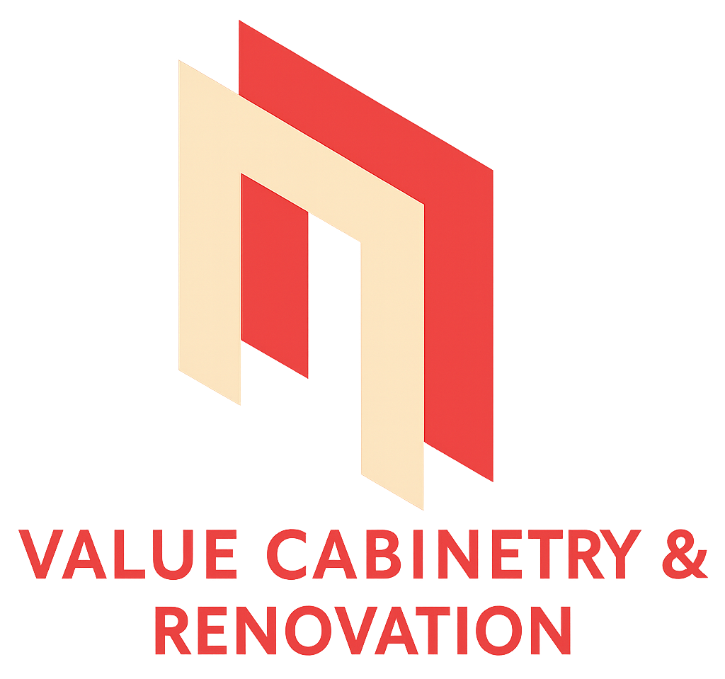 Logo for Value Cabinetry & Renovation, featuring two stacked shapes in red and beige, and company name below in red text.