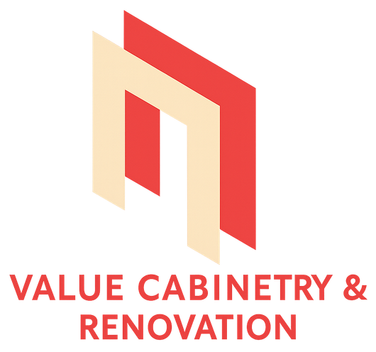 Logo for Value Cabinetry & Renovation, featuring two stacked shapes in red and beige, and company name below in red text.