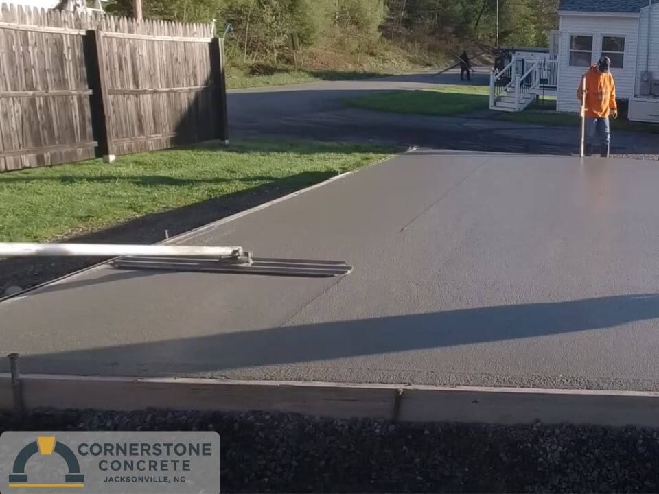 Fresh concrete slab poured for a new shop build in Jacksonville NC, completed by Cornerstone Concrete.