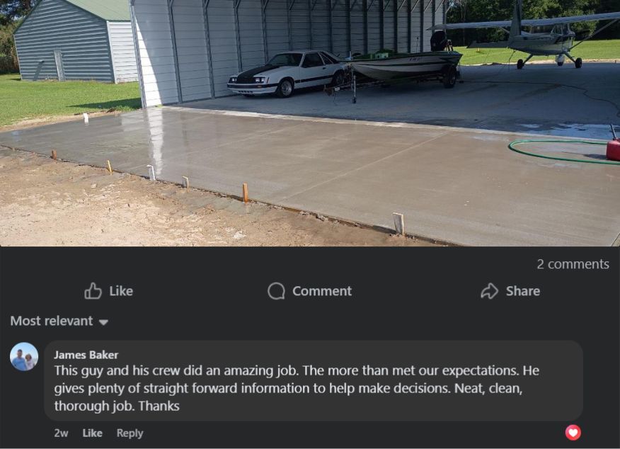 A concrete driveway with a building and airplane in the background, a user comment is visible.