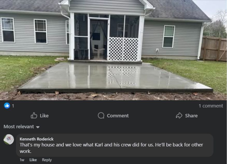 A new concrete patio with a house in the background and a Facebook post praising the work.