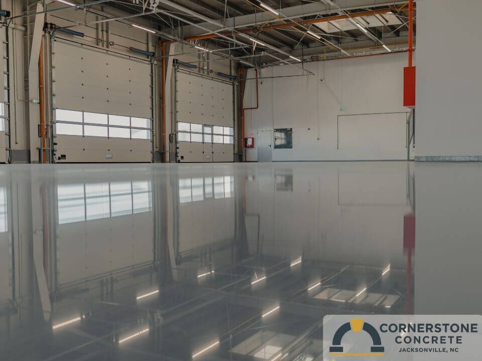 Polished epoxy floor coating applied in a Jacksonville NC garage by Cornerstone Concrete.