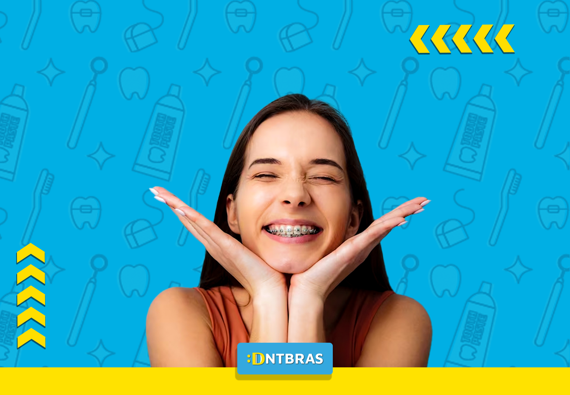 uma mulher com aparelho está sorrindo com as mãos no rosto.