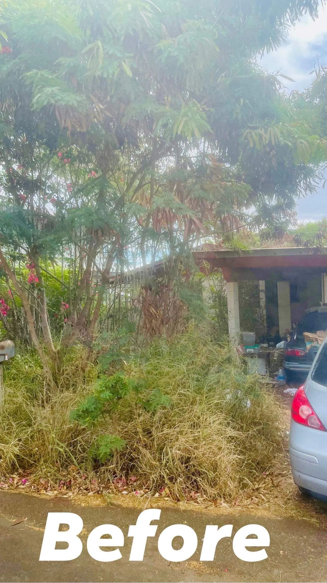 A car is parked in front of a house with trees in the background.