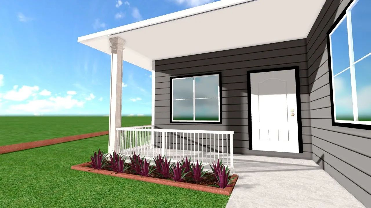 A computer generated image of a small house with a porch