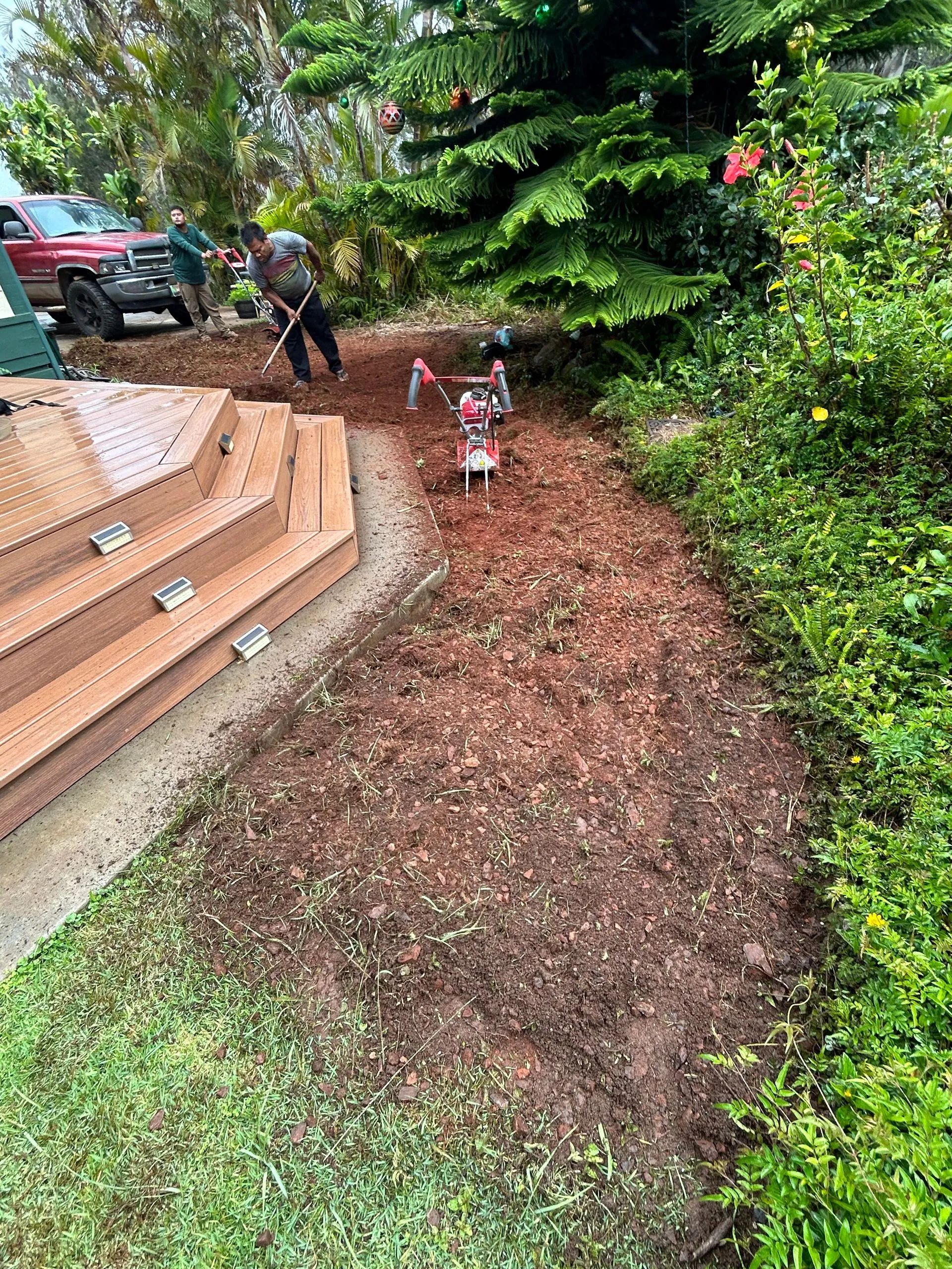 A man is using a stump grinder to remove a tree stump in a backyard.