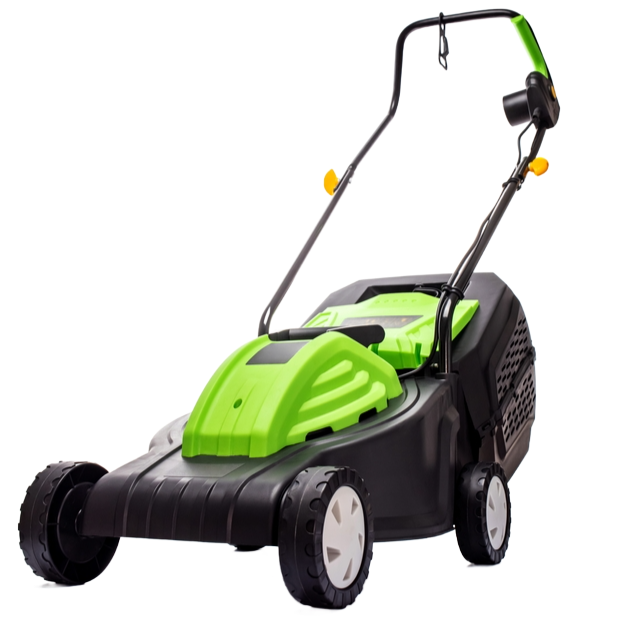 A green and black lawn mower on a white background