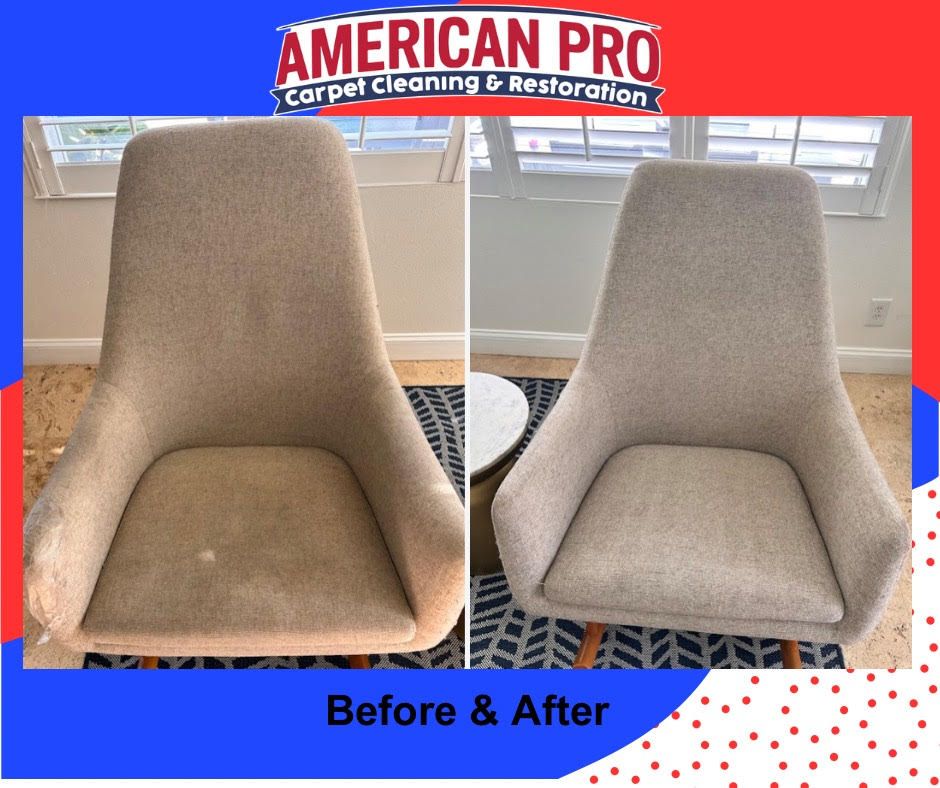 Before & after of a tan upholstered chair cleaned. Shows stain removal from fabric by American Pro.