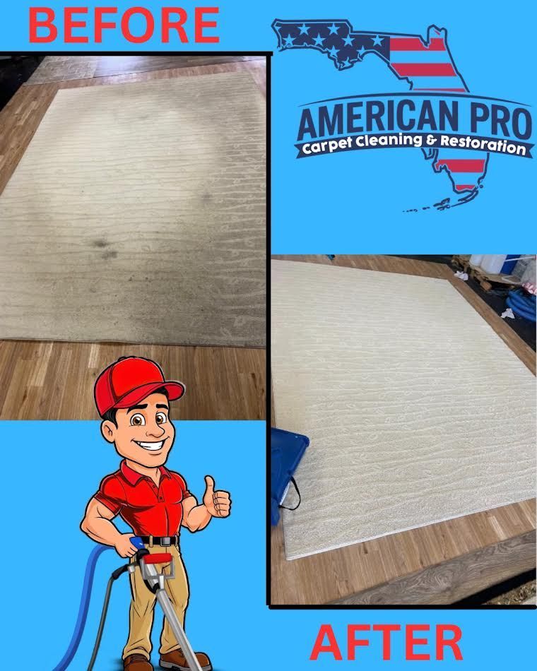 Before/after rug cleaning: Dirty rug transforms to clean. Cartoon cleaner gives a thumbs up.