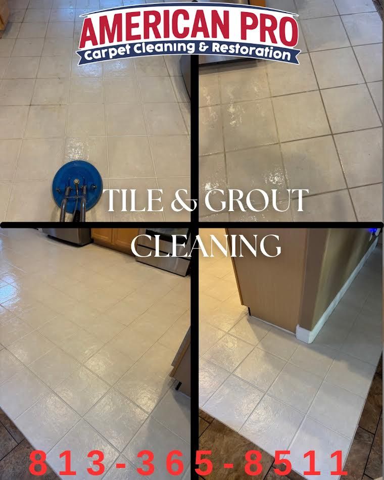 Tile and grout cleaning service advertisement. Shows before and after shots of tiled floor. Phone number is provided.