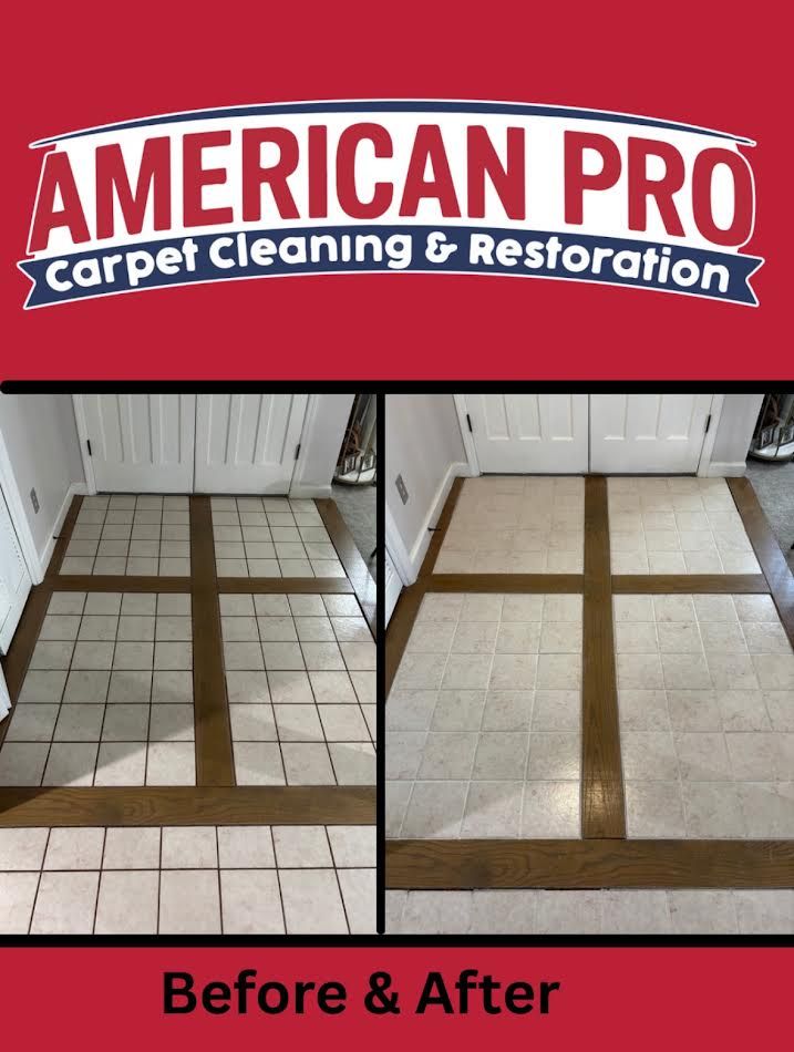 Before and after tile cleaning. White tile with dark brown cross design restored to clean condition.