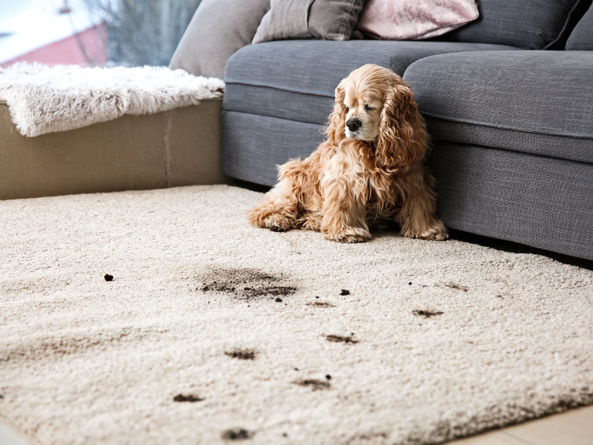 Dog with muddy paws sits on a light-colored rug, near a sofa, with muddy paw prints.