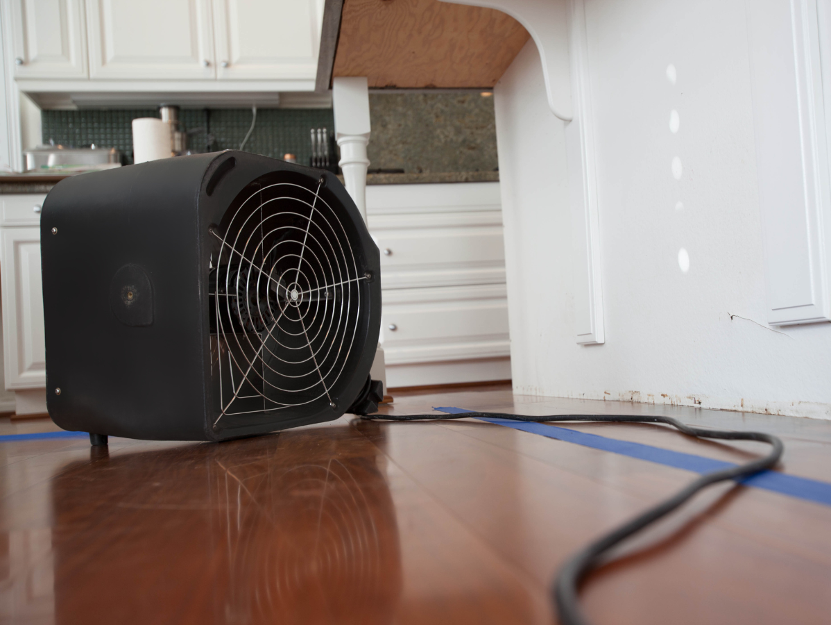 Black fan on a hardwood floor in a kitchen, blowing air. A blue tape line and white cabinetry are also visible.