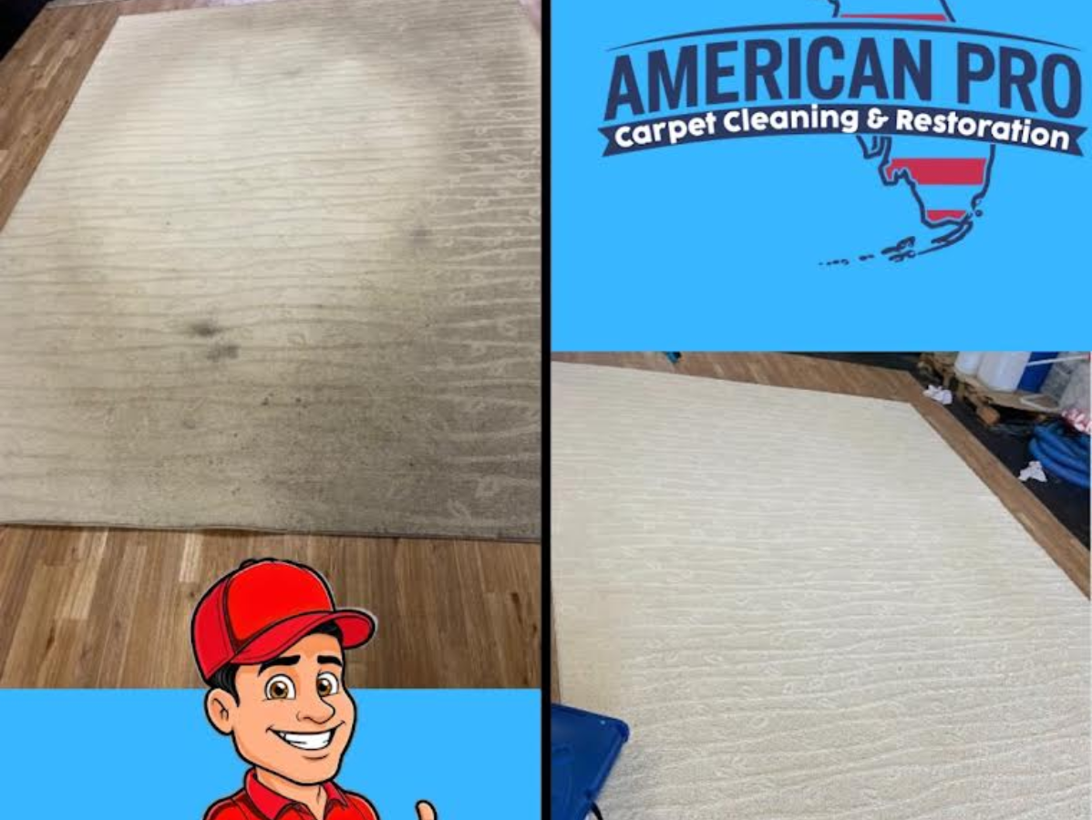 Carpet cleaning comparison: a dirty rug before, and a clean rug after. American Pro logo, smiling cartoon man.