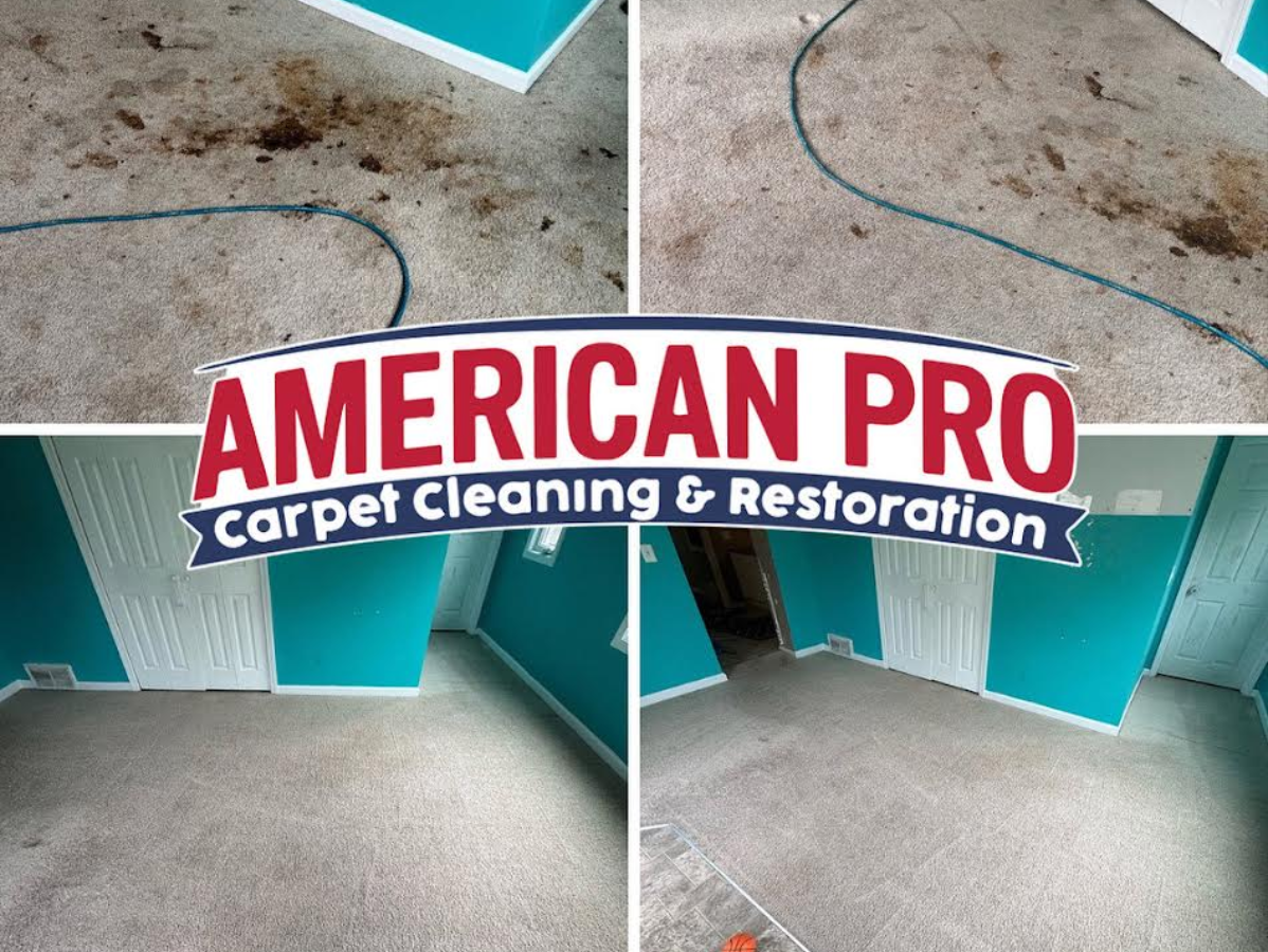 Carpet cleaning before and after. Brown stains removed from light carpet in a teal and white room.